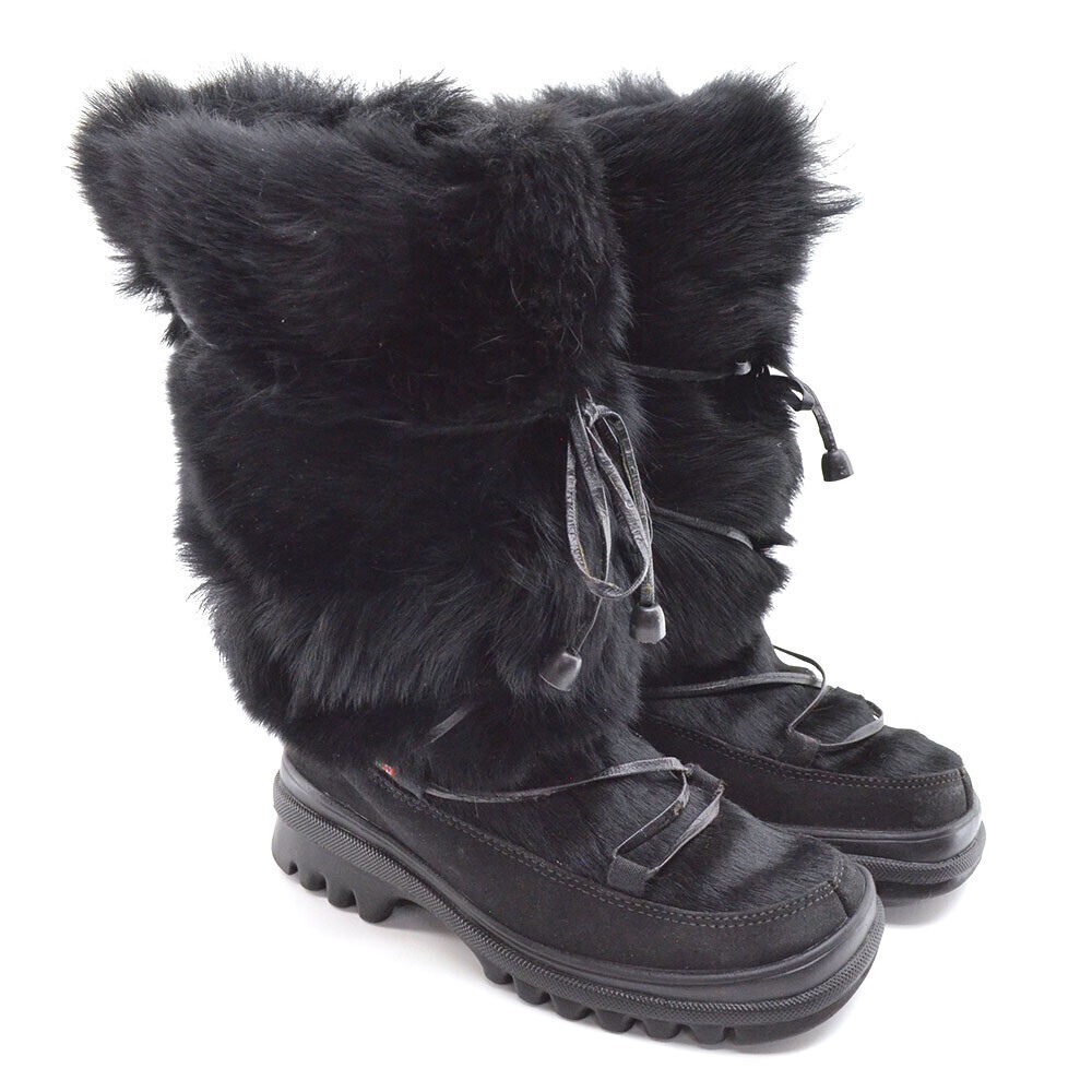Pajar Winter Fur Boots  size 36.5 / 6.5 Black Suede Laced Pull Shoes Italy